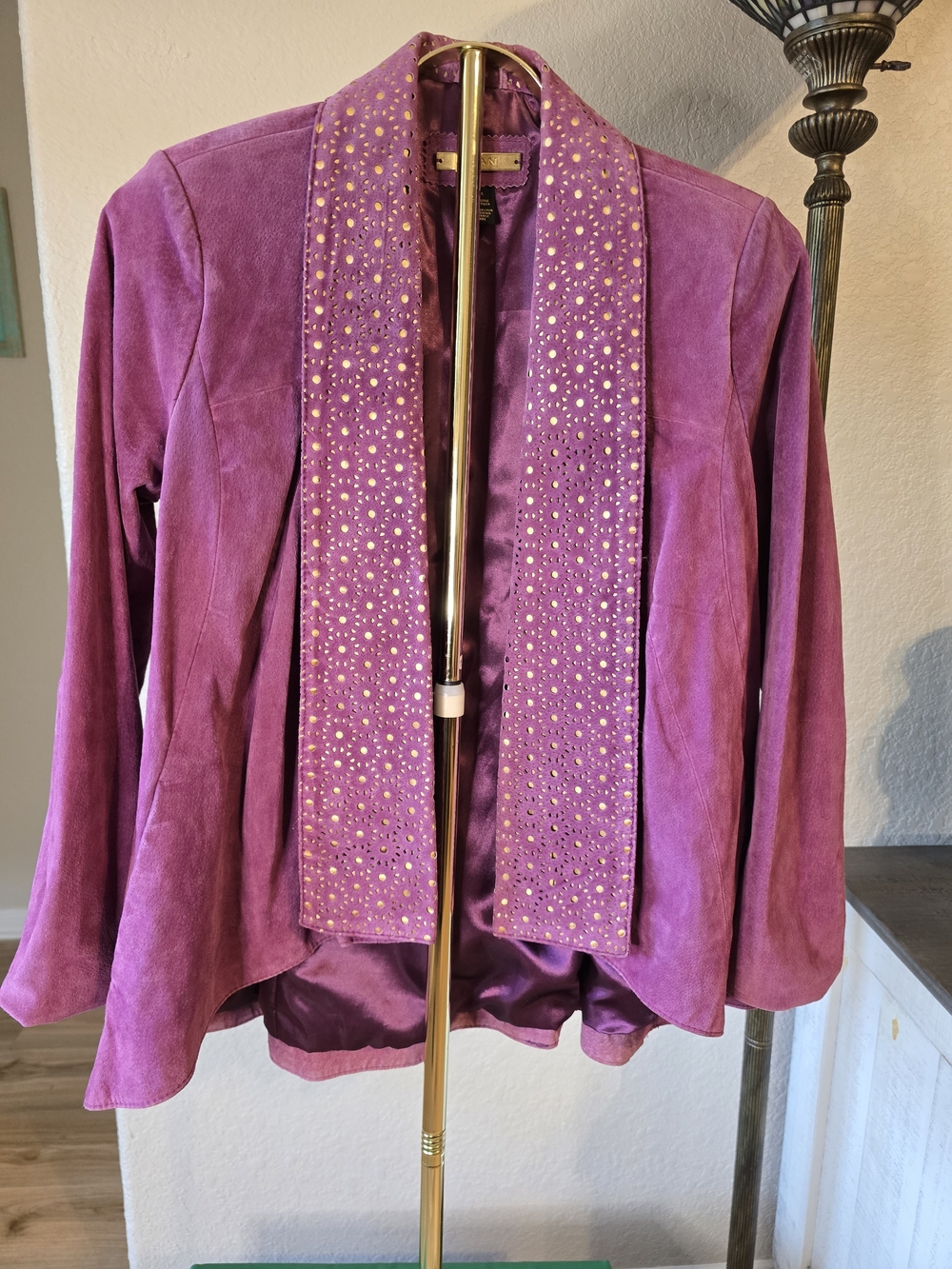 IMAN Purple Suede Open Front Jacket with Embellished Shawl